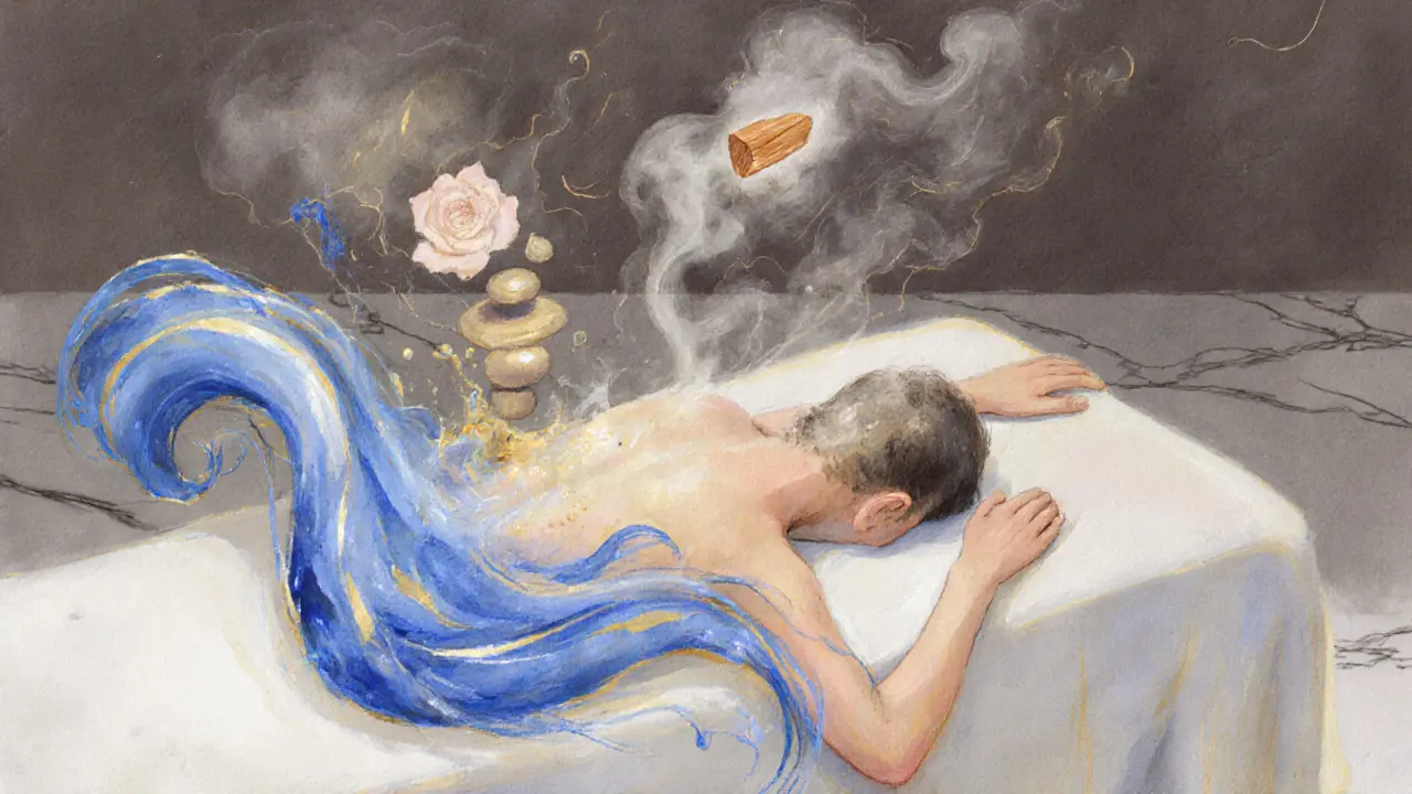 A person on a massage table surrounded by flowing light representing stress release, with mist and stones rising gently around them.