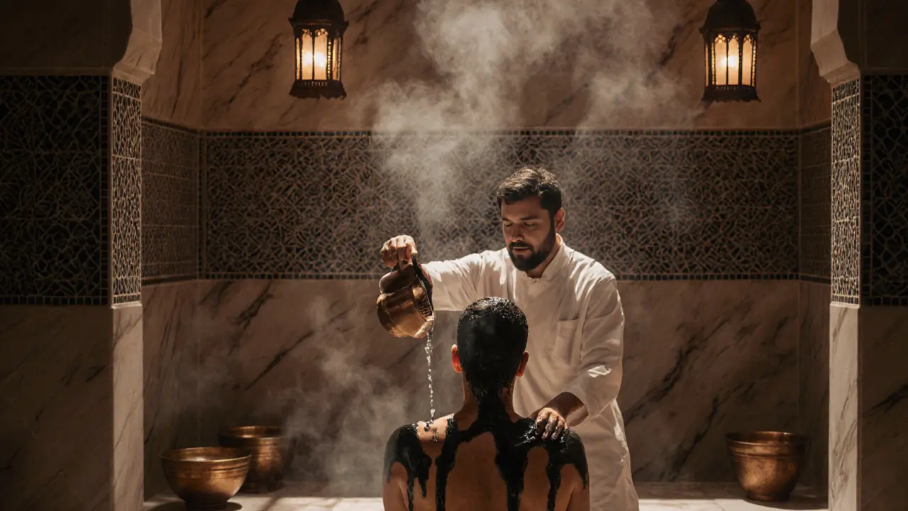 A person receiving a traditional Arabian hammam exfoliation under steaming marble walls with mosaic tiles.