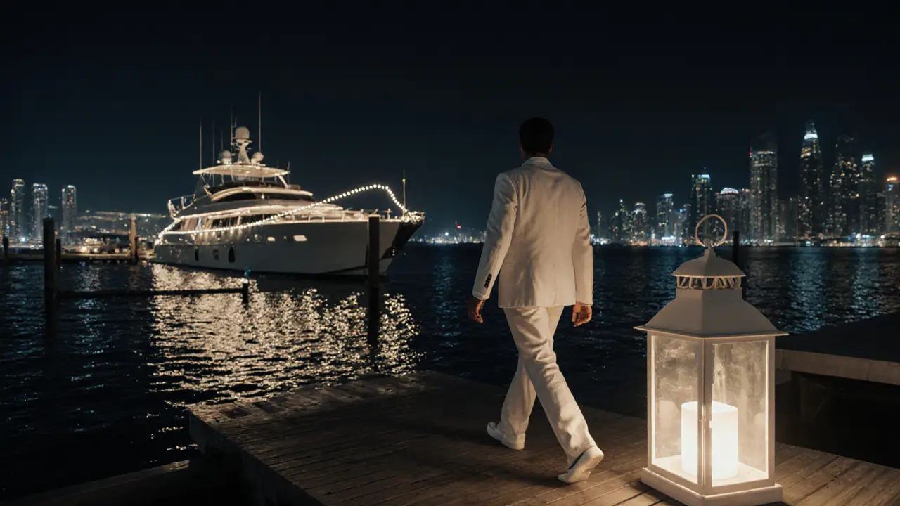 A person walking from a private yacht dock toward White Dubai’s entrance, bathed in soft evening light.