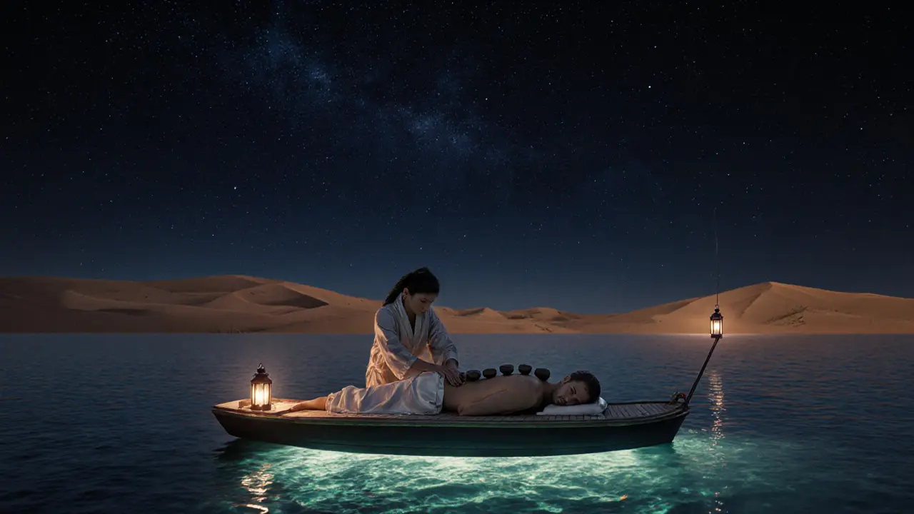 A private outdoor massage on a yacht at night under stars, with glowing waves and desert dunes in the distance.