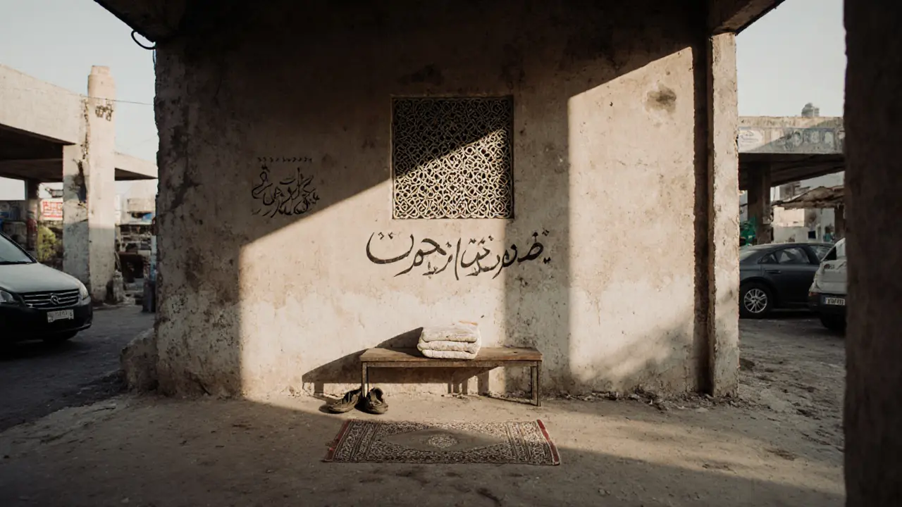 A quiet, unmarked mosque behind a car wash, with a folded prayer mat on a bench at dusk.