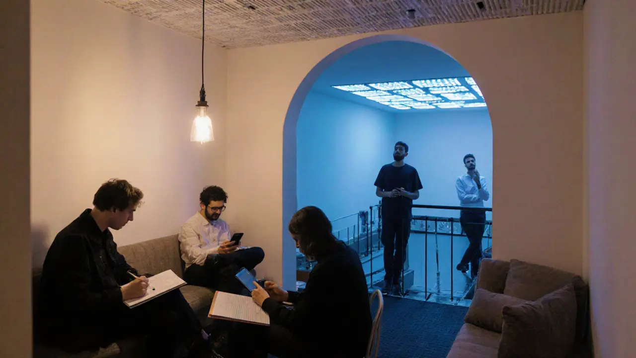 A quiet upstairs lounge with artists sketching and resting, muffled music echoing from below.