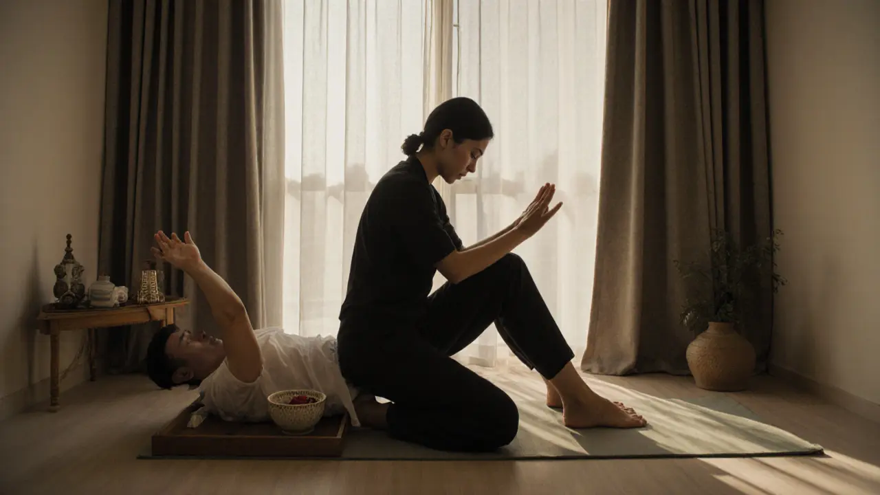 A Thai massage therapist gently stretching a client on a mat in a calm, well-lit treatment room.