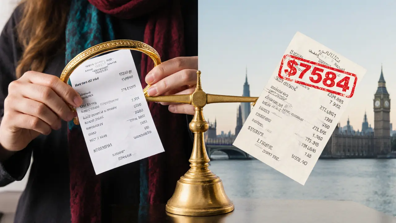 A tourist in Dubai holding gold jewelry beside the same item priced higher in London, with a golden scale tipping toward Dubai.