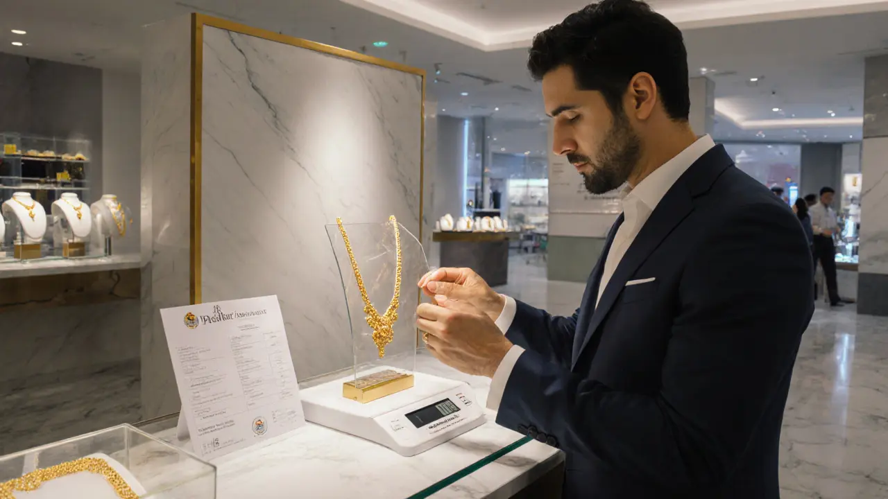 A tourist inspecting a gold necklace at a Dubai Mall store with a digital scale and receipt on display.