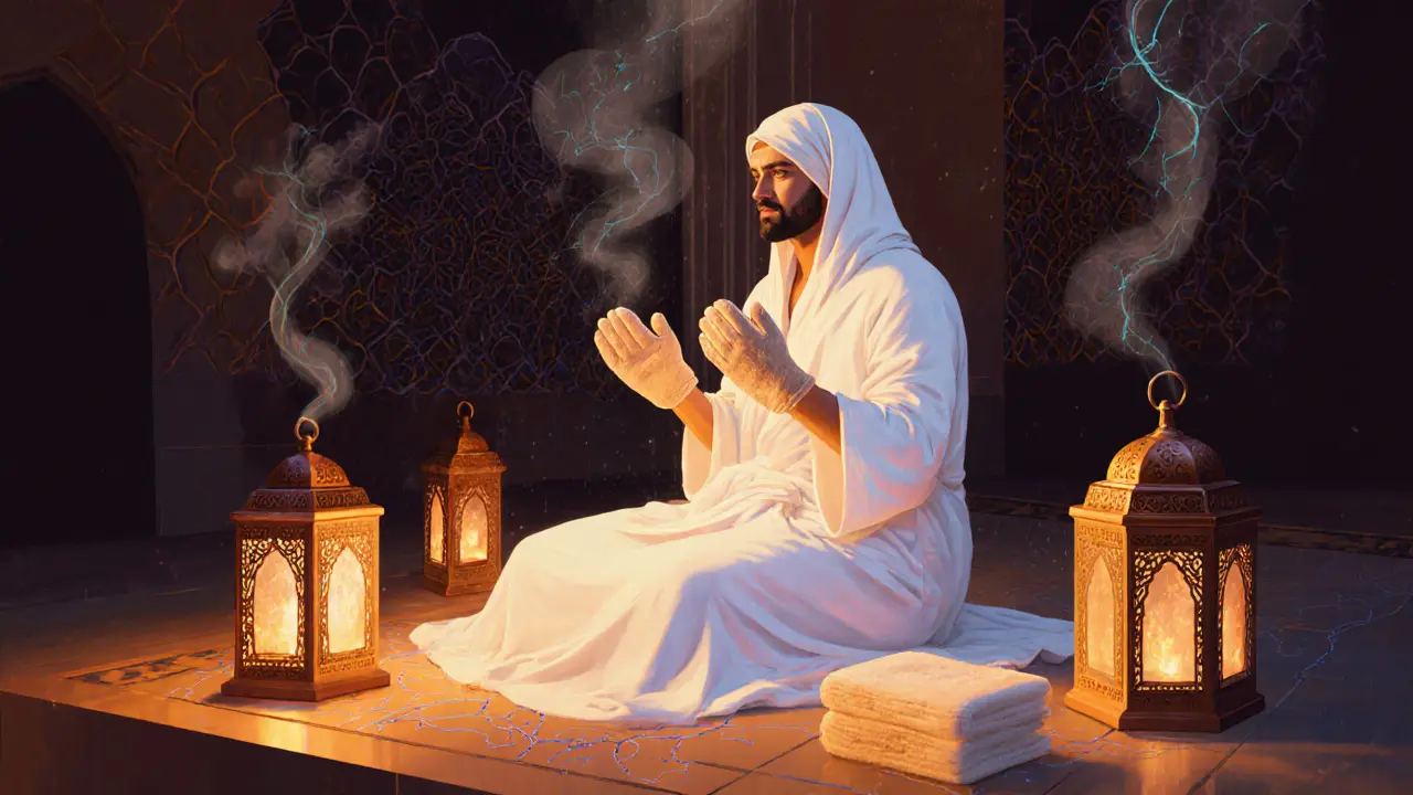 A traditional Arabian Hammam ritual with steam, exfoliation, and glowing lanterns symbolizing rejuvenation.
