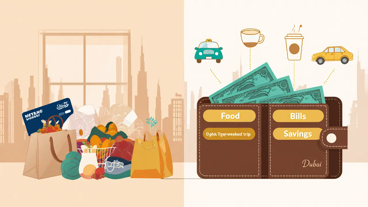 A visual breakdown of a ,000 monthly budget in Dubai with icons for rent, food, and savings.