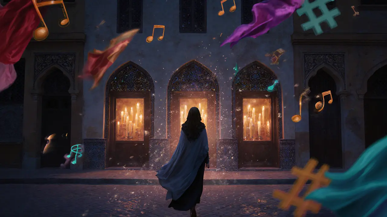 A woman walks through historic Al Fahidi at night, candlelit lounges glowing beside her, traditional and modern elements blending in the air.