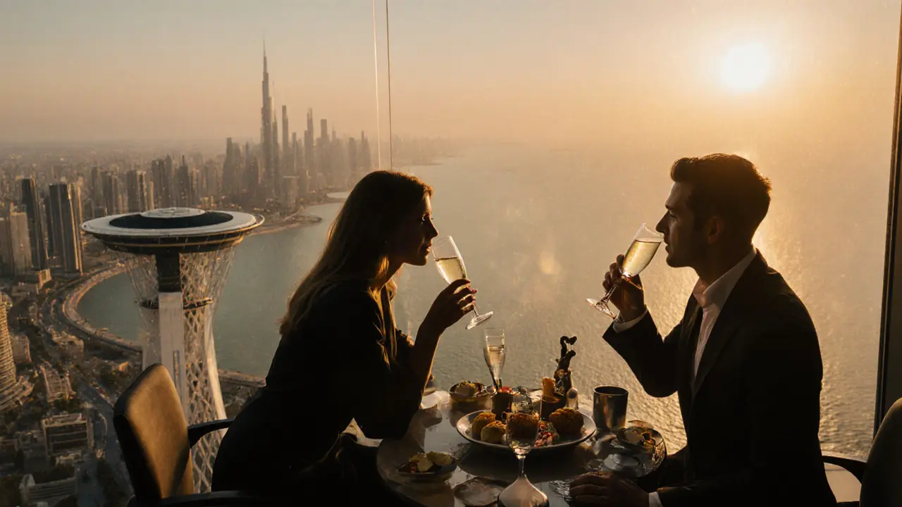 Afternoon tea at Skyview Bar with Dubai skyline and helipad visible through the window.