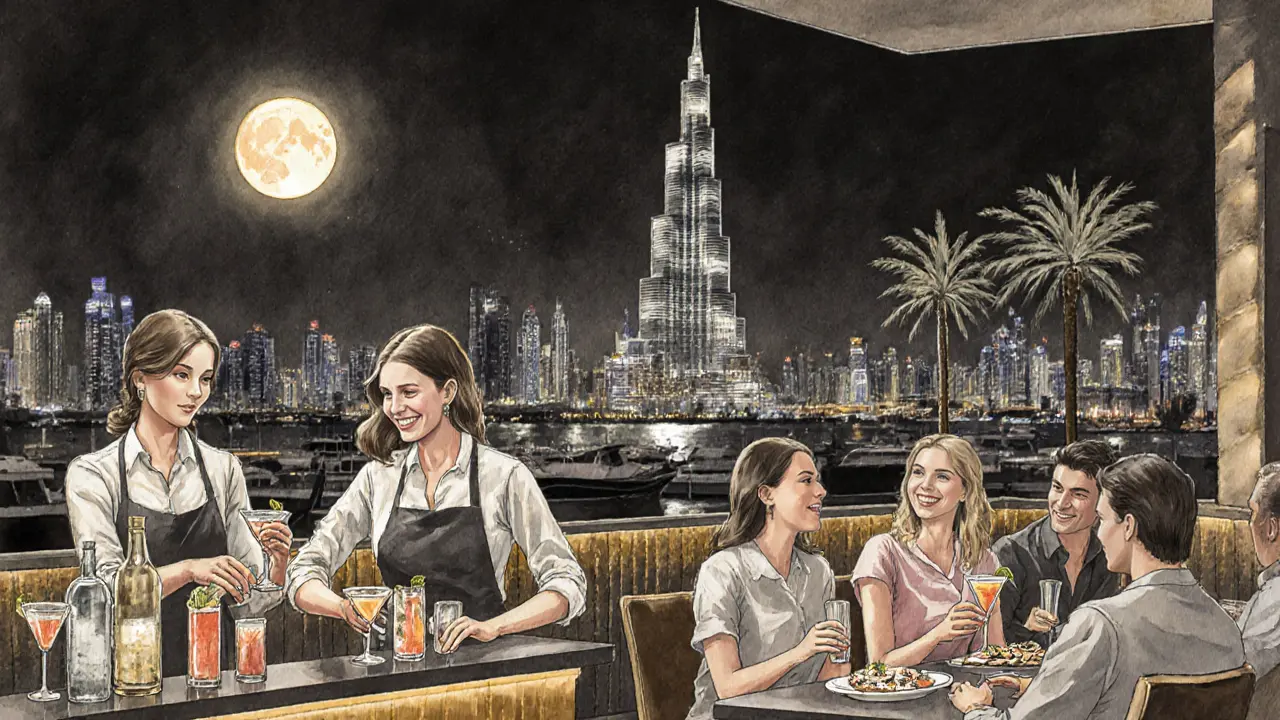 An all-female bar team serves cocktails on a rooftop as the Burj Khalifa glows in the background, guests enjoying late-night food and conversation.