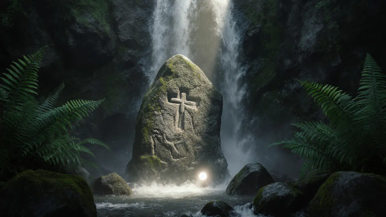 An ancient carved stone hidden behind a waterfall, illuminated by a faint beam of light in misty surroundings.