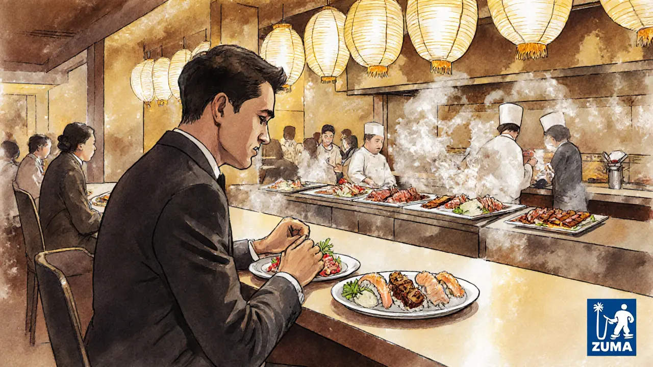 An anonymous inspector enjoying sushi at a vibrant Japanese restaurant with chefs cooking in the background.