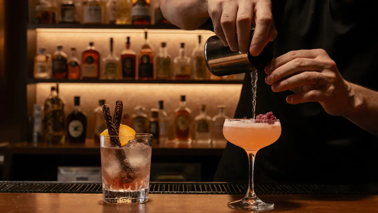 An artisanal bar with locally made cocktails, date syrup, and cardamom gin under warm ambient light.