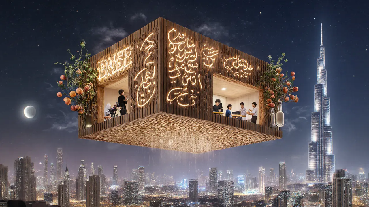 BASE Dubai as a floating cultural temple made of sound, wood, and light, with music lessons above the skyline.