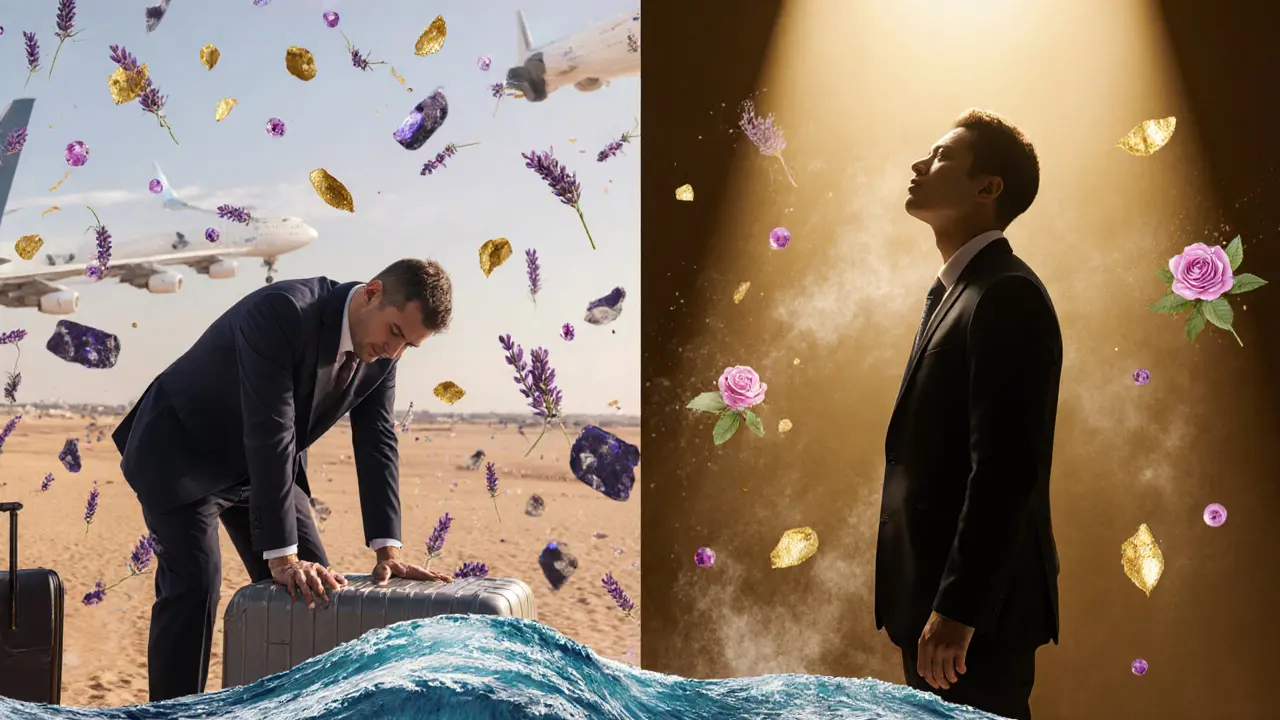 Before and after transformation of a traveler: from stressed commuter to serene, glowing individual bathed in calming elements.