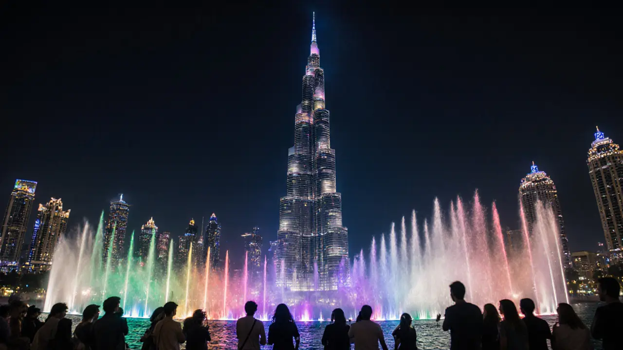 Burj Khalifa lit up at night with colorful light show reflected in the Dubai Fountain.