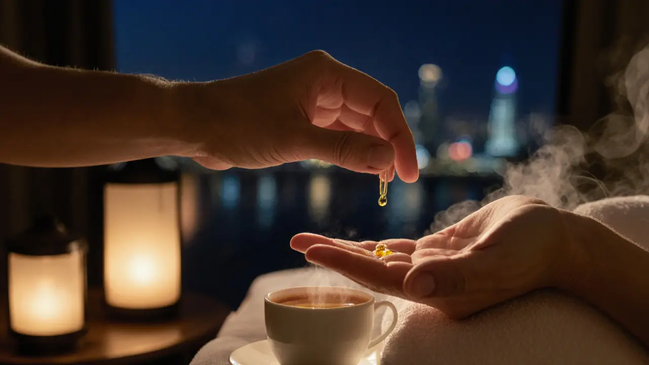 Close-up of a therapist's hand applying pressure to a client's shoulder, with a single drop of oil falling between them.