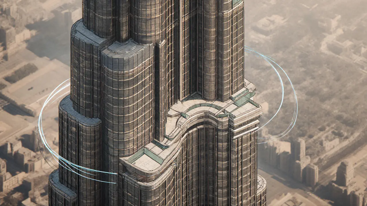 Cross-section of Burj Khalifa’s Y-shaped structure with wind flow and glass panels.