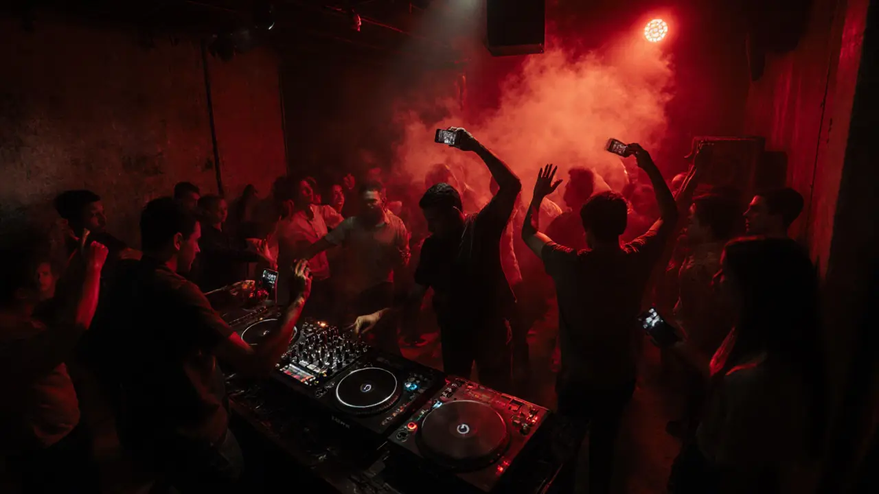 Crowd dancing in a dimly lit underground club with no phones visible, intense music vibe.