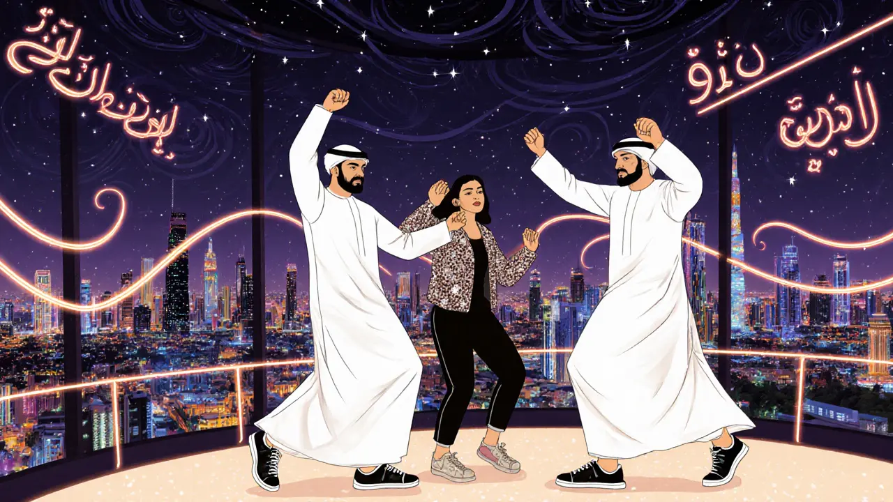 Cultural fusion dance floor at Level 43 in Dubai, blending traditional Emirati attire with modern club style.