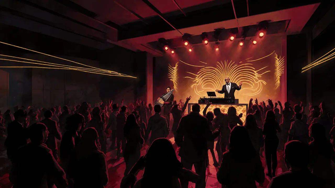 Dancers on a pulsing nightclub floor as a live oud player performs beside a DJ, sound waves visible in the air.
