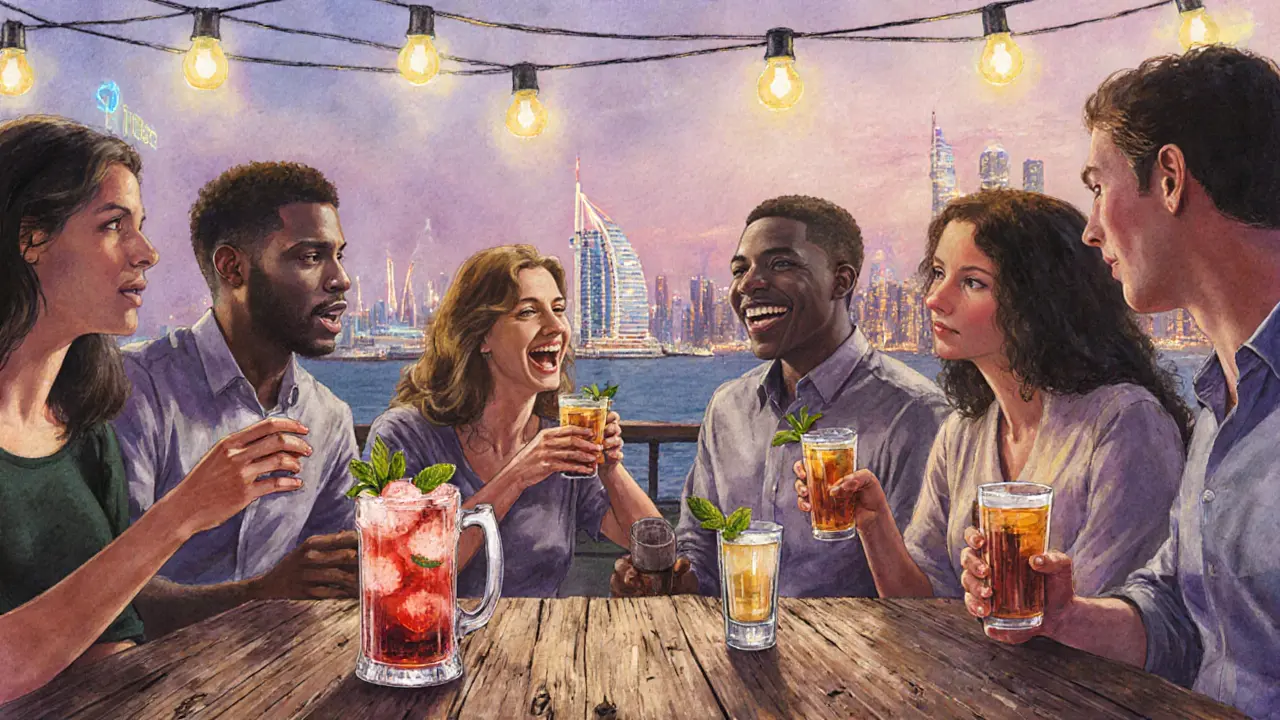 Diverse group at a beachfront bar sharing drinks and laughter at dusk, with Dubai Marina lights behind them.