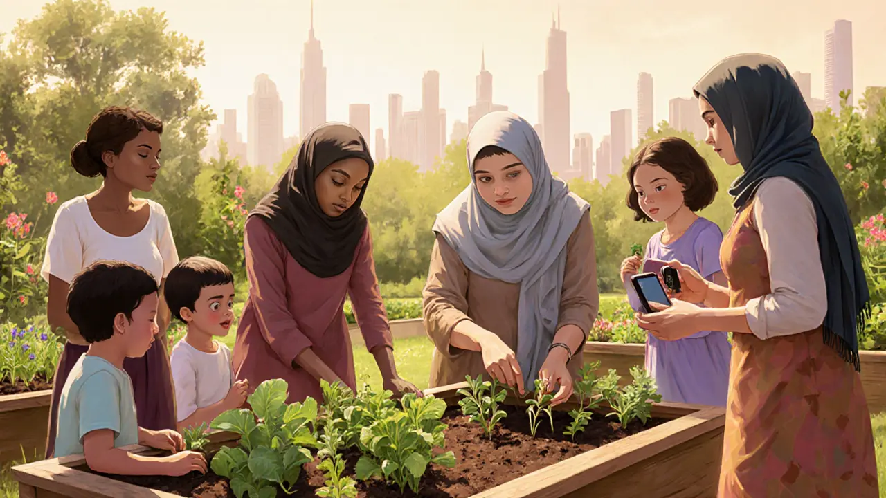 Diverse women planting herbs together in a community garden with children nearby and Dubai’s skyline behind them.