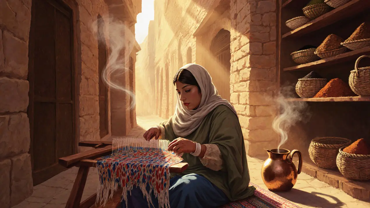 Emirati woman weaving a traditional rug in a quiet historical alley, coffee pot steaming nearby.