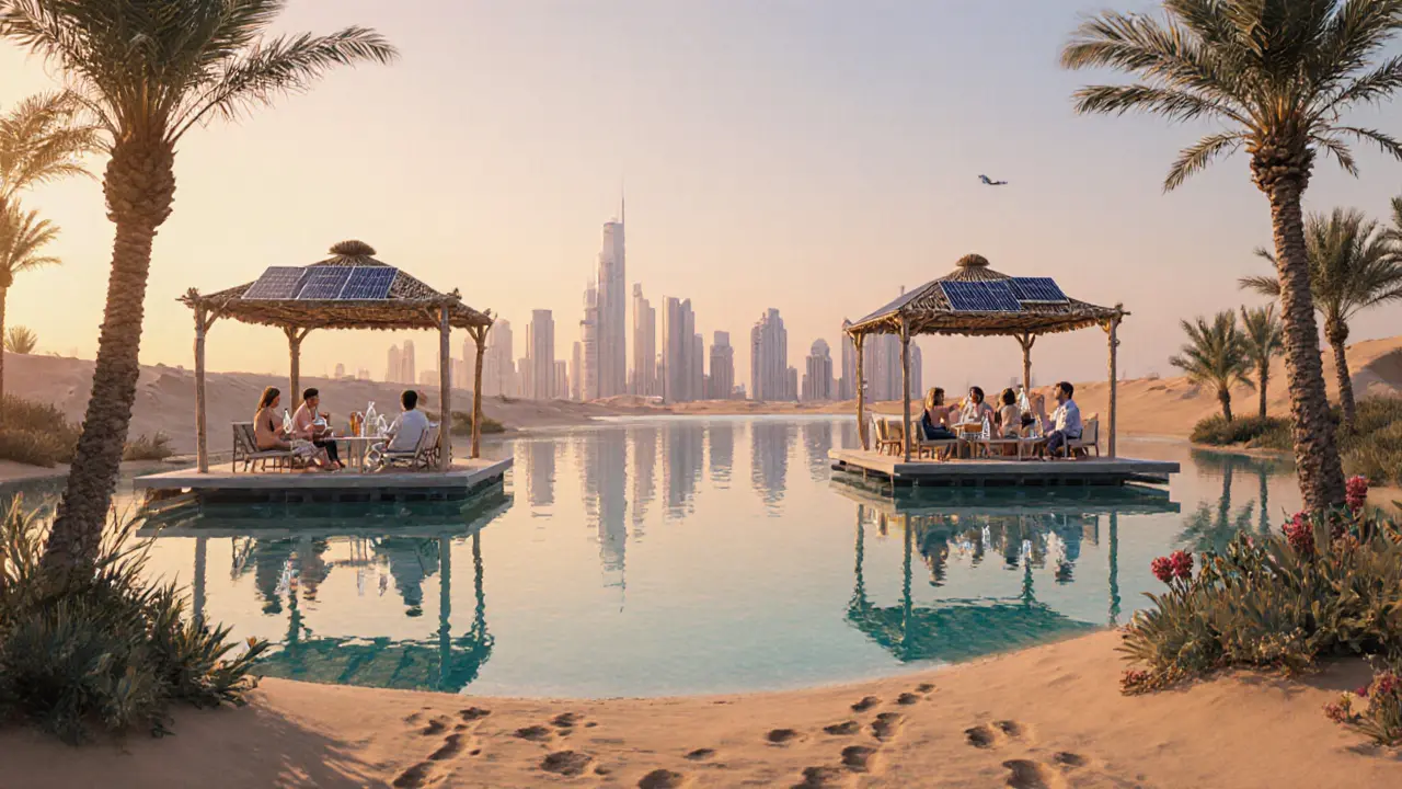 Floating desert beach club with solar panels and reusable bottles, calm lagoon reflecting the sky.