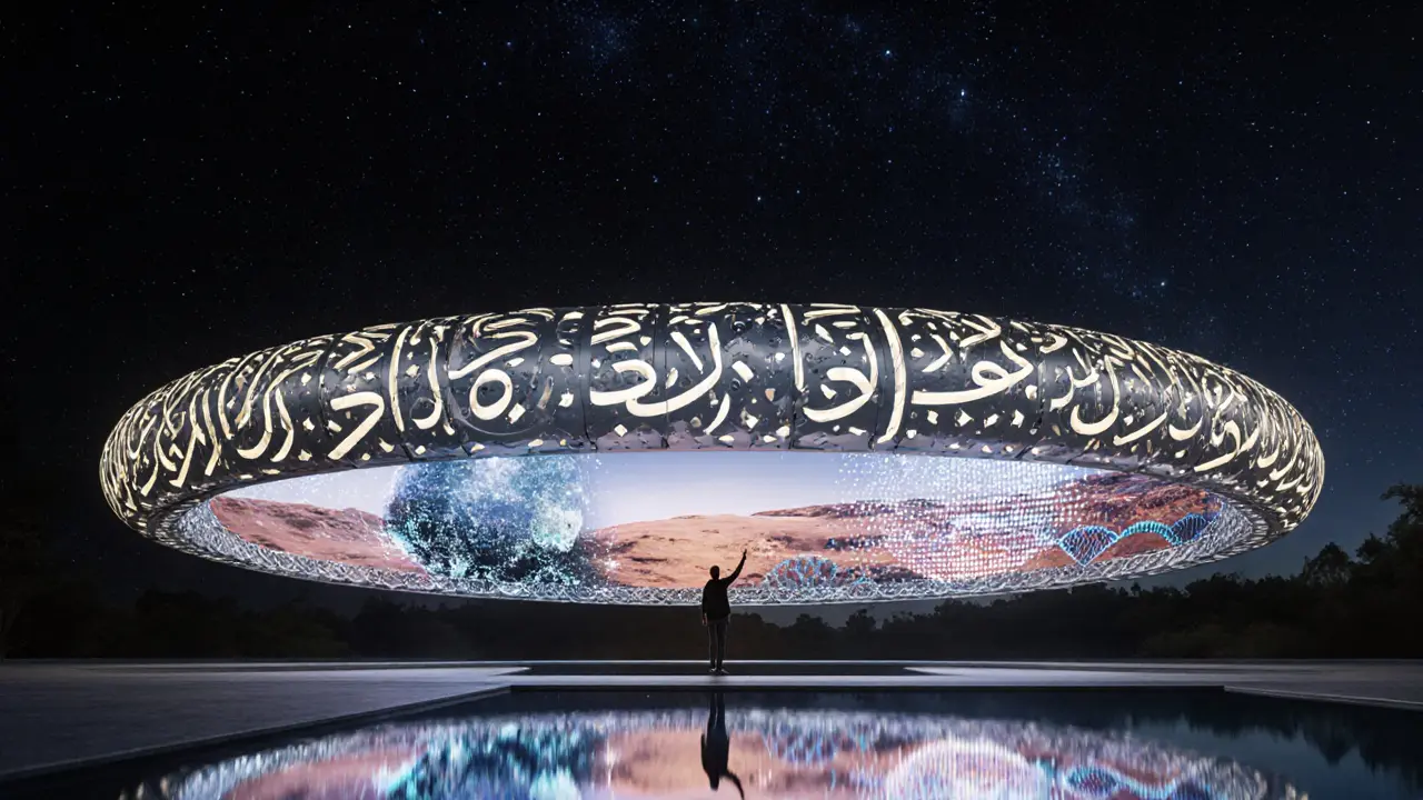Futuristic Museum of the Future building with glowing Arabic calligraphy and holographic tech inside.