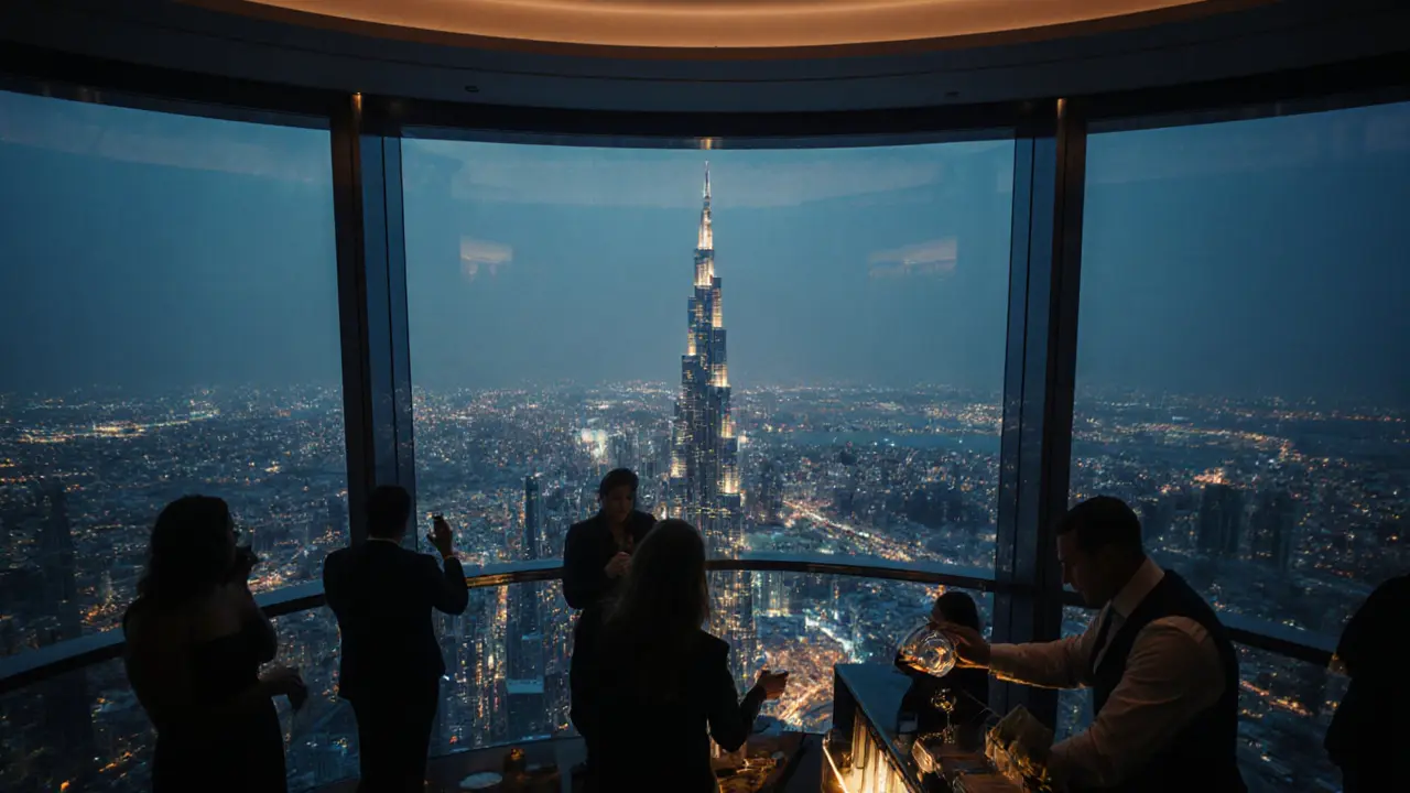 Guests at Level 43 floating above the Burj Khalifa, bathed in cool blue and amber ambient light.