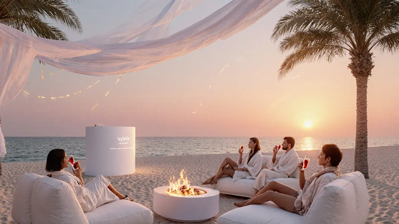 Guests relaxing on white sofas by a fire pit at sunset, palm trees wrapped in white fabric, soft golden light reflecting off the sea.