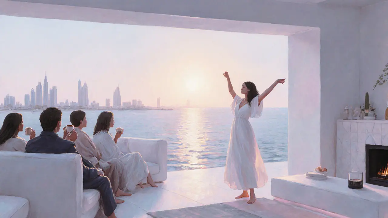 Guests sitting quietly by the water at dawn after a midnight music session, wrapped in blankets as the sun rises.