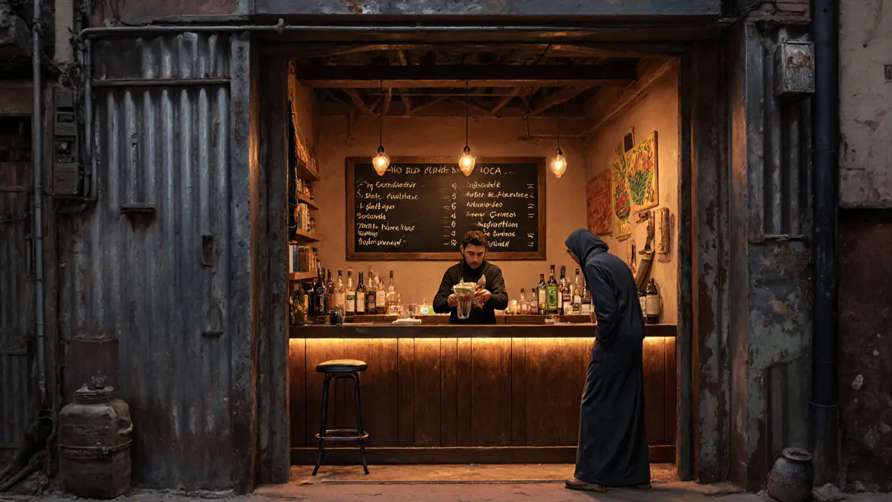 Hidden speakeasy bar with local ingredients like date syrup and cardamom, lit by warm amber light.