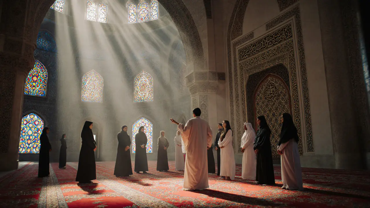 Inside the mosque, colorful light patterns on carpets as visitors listen to a guide.