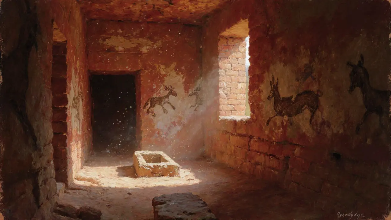 Interior of a 9,000-year-old Neolithic home with painted walls and burial platform, bathed in soft natural light.