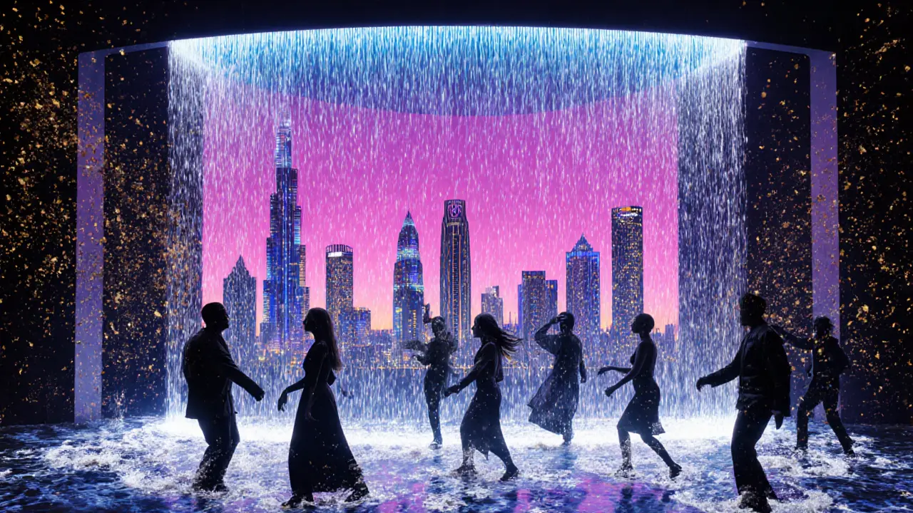 LED waterfall at XS Dubai pulses with bass, silhouettes dancing under neon-lit skyline.
