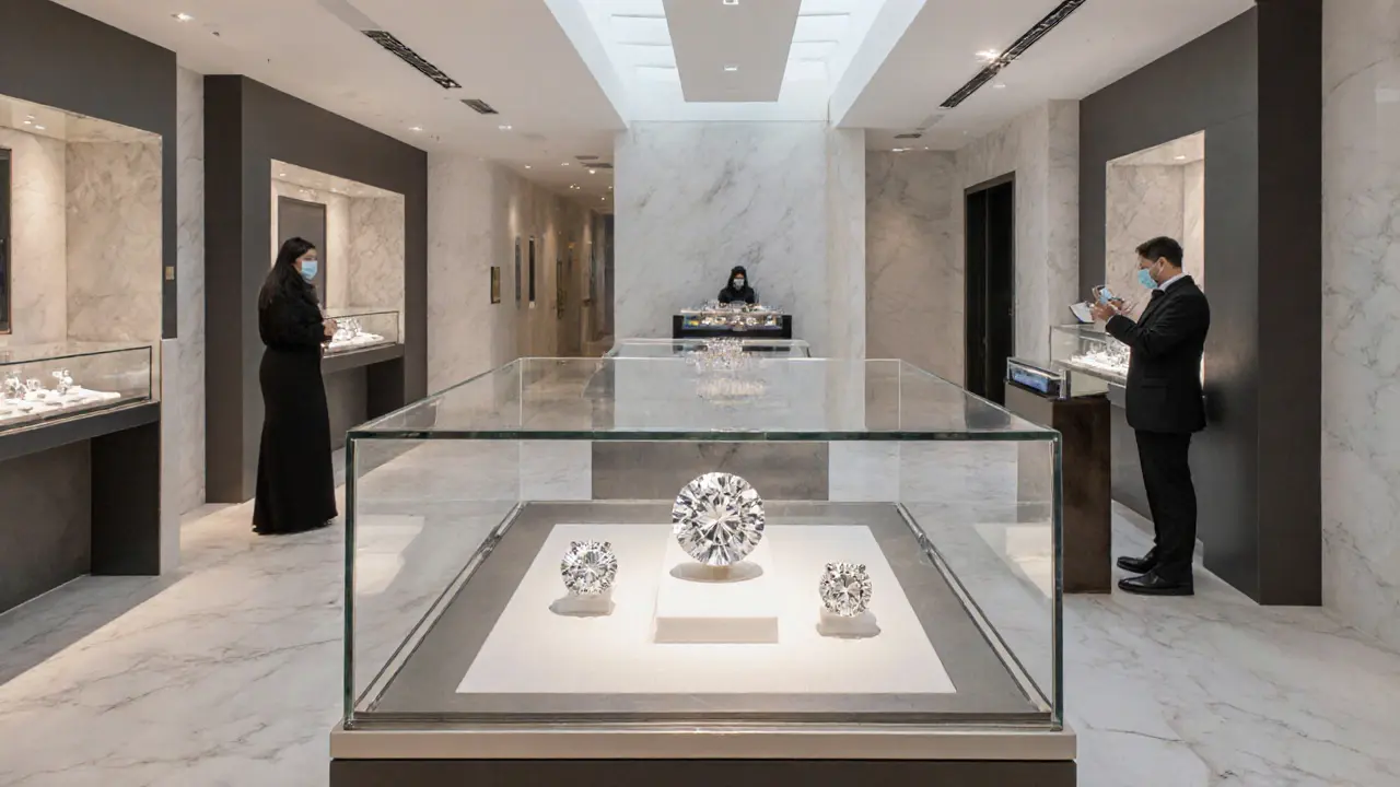 Luxury diamond display in Dubai Mall with platinum and white gold rings