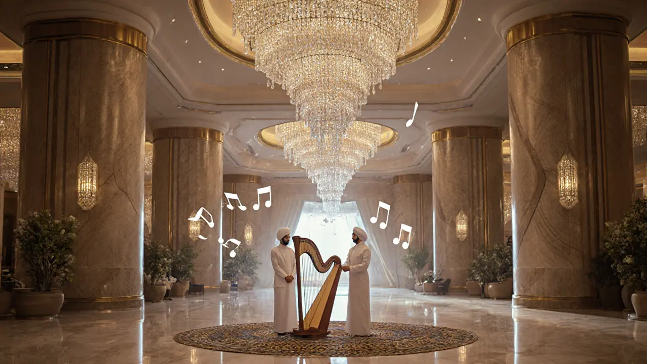Opulent atrium of Burj Al Arab with towering chandeliers and attendants in white robes.