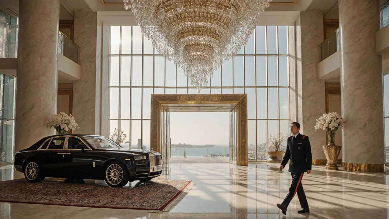 Opulent interior of the Burj Al Arab atrium with a massive glass chandelier and marble floors.