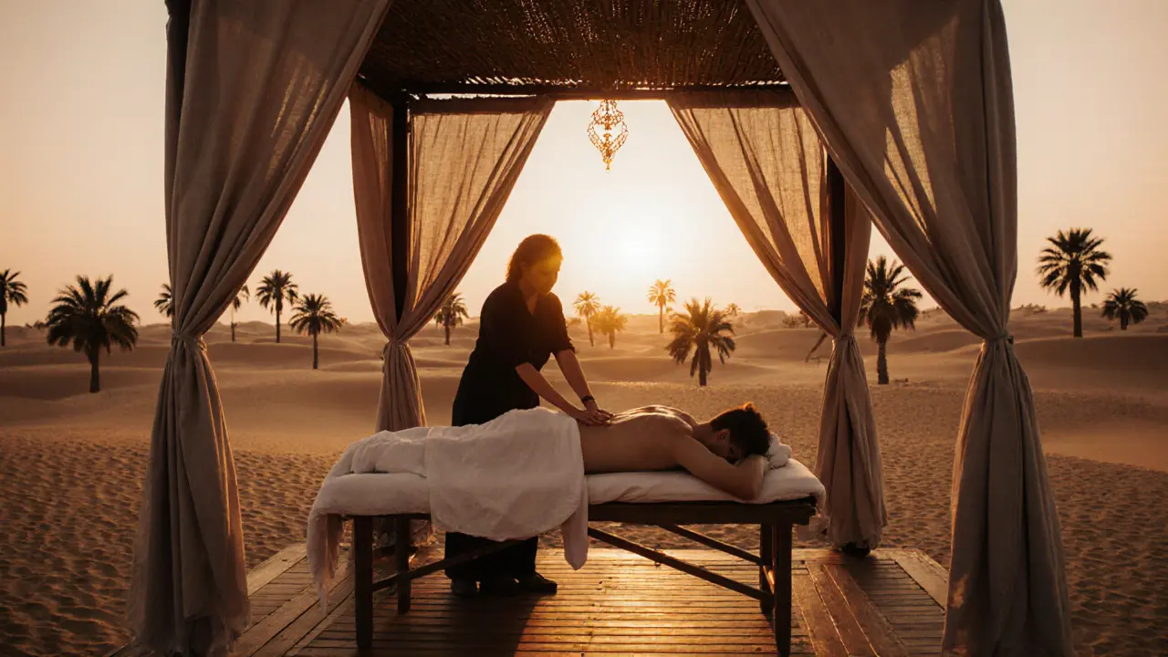 Outdoor desert massage at sunset with golden dunes and a canopy overhead.