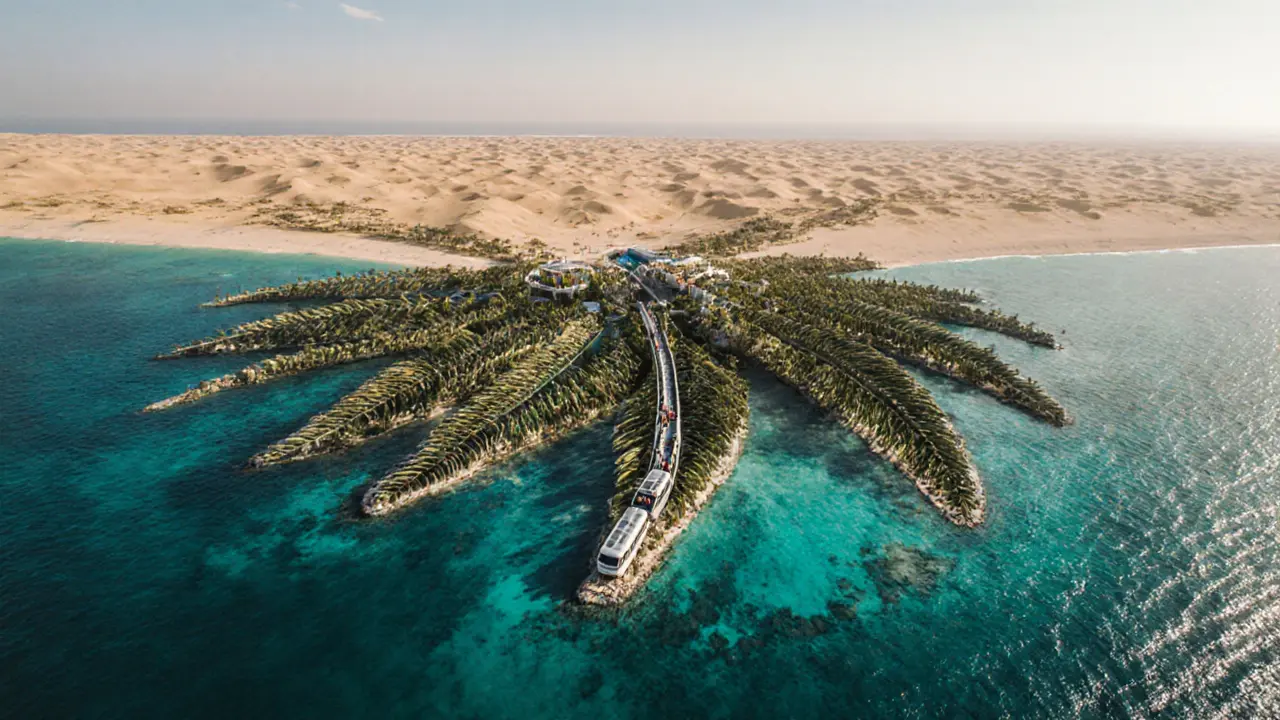 Palm Jumeirah island shaped like a palm tree extending into the Persian Gulf.