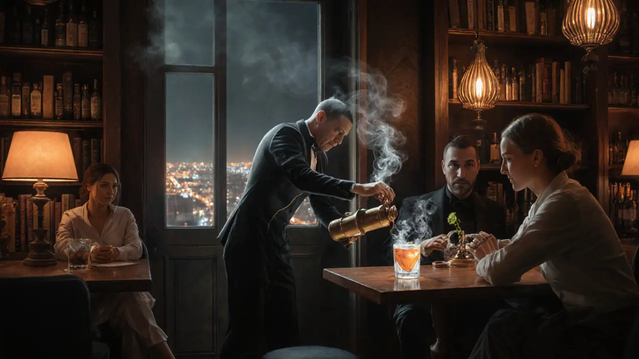 Patrons in a cozy speakeasy sipping artisanal cocktails under warm vintage lighting.