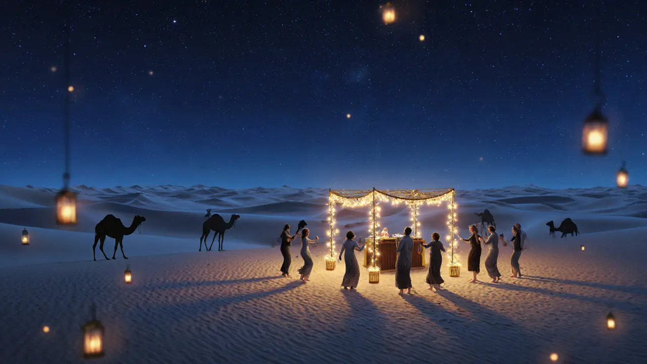 People dancing in the desert under stars with lanterns and dunes in the background.