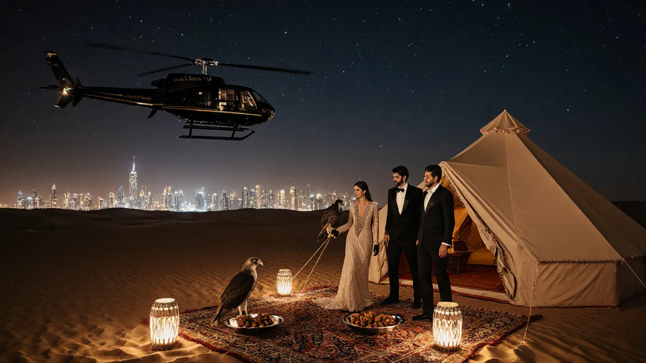 Private helicopter landing at a desert soirée with falcons, lanterns, and guests in evening wear under a starry sky.