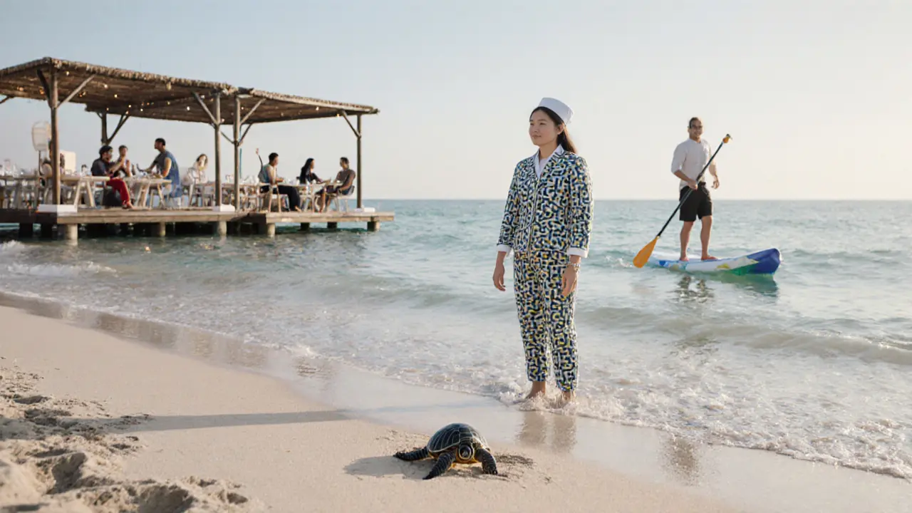 Sea turtle hatchling heads to ocean at White Beach, staff in recycled plastic uniforms nearby.