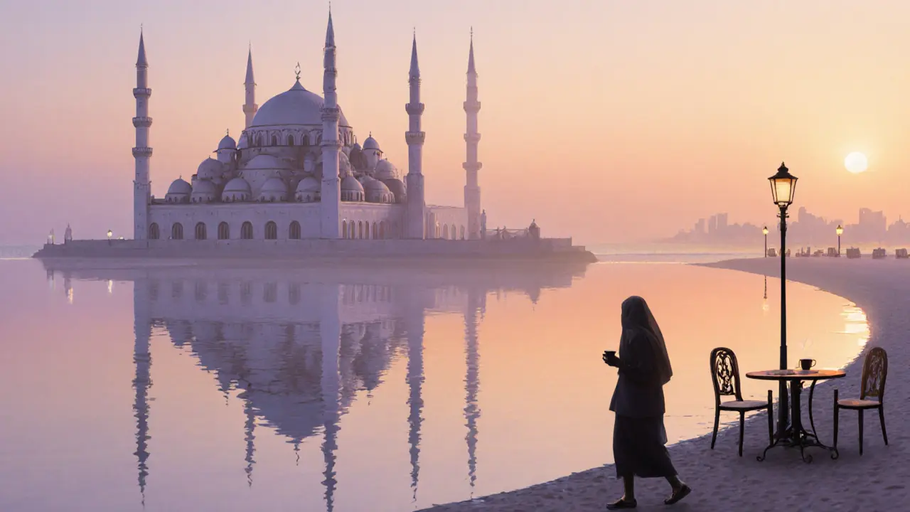 Silhouetted visitor walking by the sea at sunset with the mosque mirrored in the water.