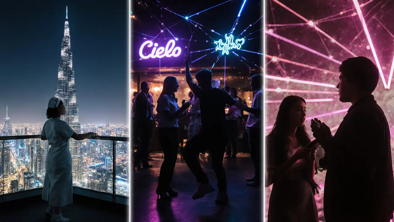 Silhouettes of diverse people experiencing different Dubai night activities, connected by glowing light trails.