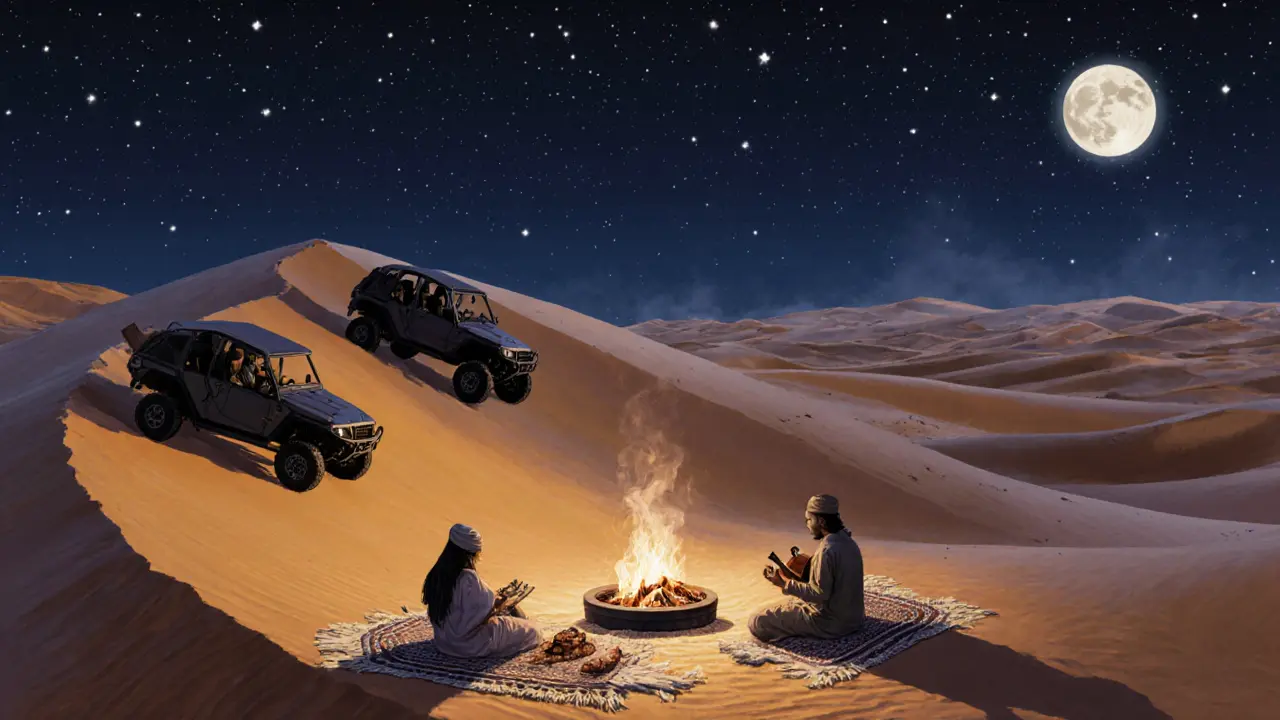 Silhouettes of dune buggies and guests gathered around a firepit under starry desert skies.