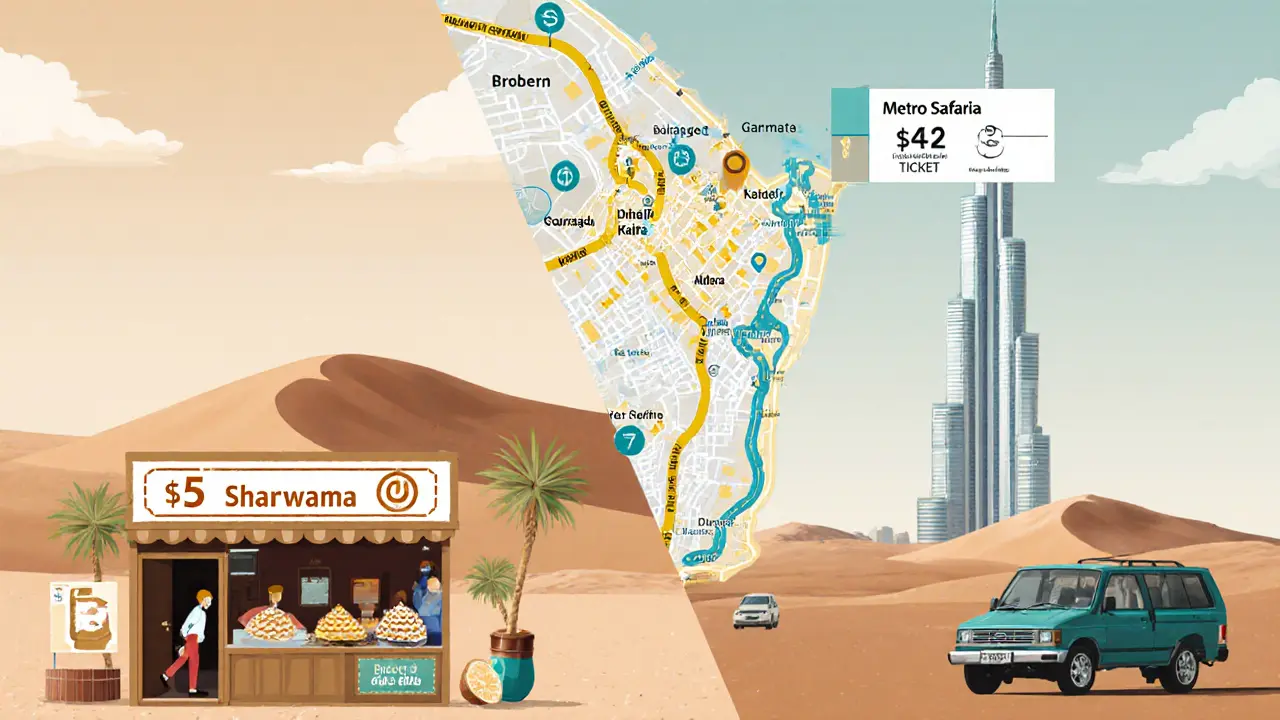 Split scene showing budget Dubai experiences: street food, attraction tickets, and desert dunes